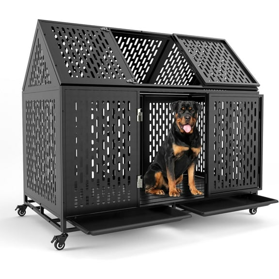 52 Inch Heavy Duty Dog Crate Extra Large Dog Cage, Indestructible XXL Dog Crate Kennel with Open Roof Top, Trays and Wheels, Escape-Proof for High Anxiety Giant Dogs