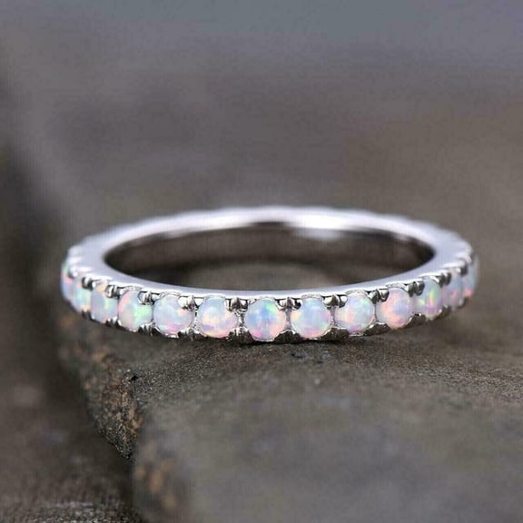 2Ct Round Cut Lab Created Opal Fire Eternity Band Engagement Women's Ring 14K White Gold Plated 925 Silver