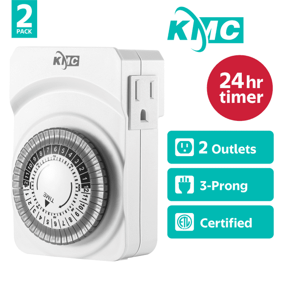 KMC Mechanical Indoor Outlet Timer, 24-Hour Programmable, 3-Prong Grounded Outlet, 2-Pack, White