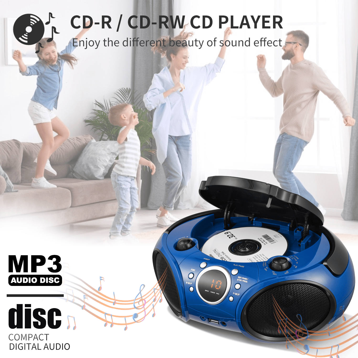 singing wood Portable Bluetooth CD Player Boombox with AM FM Radio, Aux In, Headphone Jack, AC/Battery, Blue