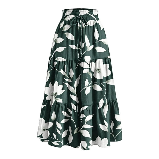Bocqde Women's Boho Maxi Skirts Summer Fashion Casual Drawstring Elastic High Waist Long Skirt Solid Color Flowy A Line Ruffle Swing Skirt