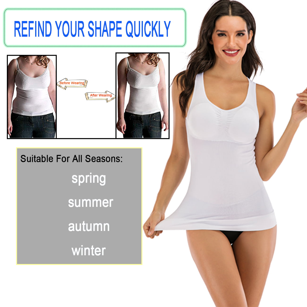 Women's Compression Camisole With Built in Removable Bra Pads Body Shaper  Tank Top (White, X-Large)