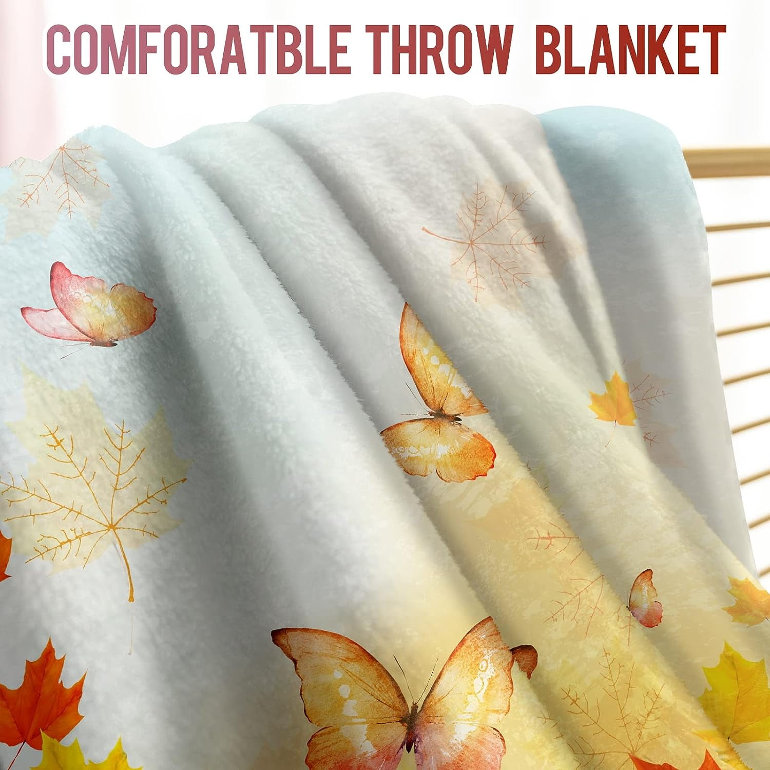 Maple Leaves Blanket Gifts for Women Girls Boys, Autumn Maple Leaves Butterfly Decoration for Home Bedroom Dorm Thanksgiving Day Halloween, Soft Fluffy Lightweight Throw Blankets 50"x60"