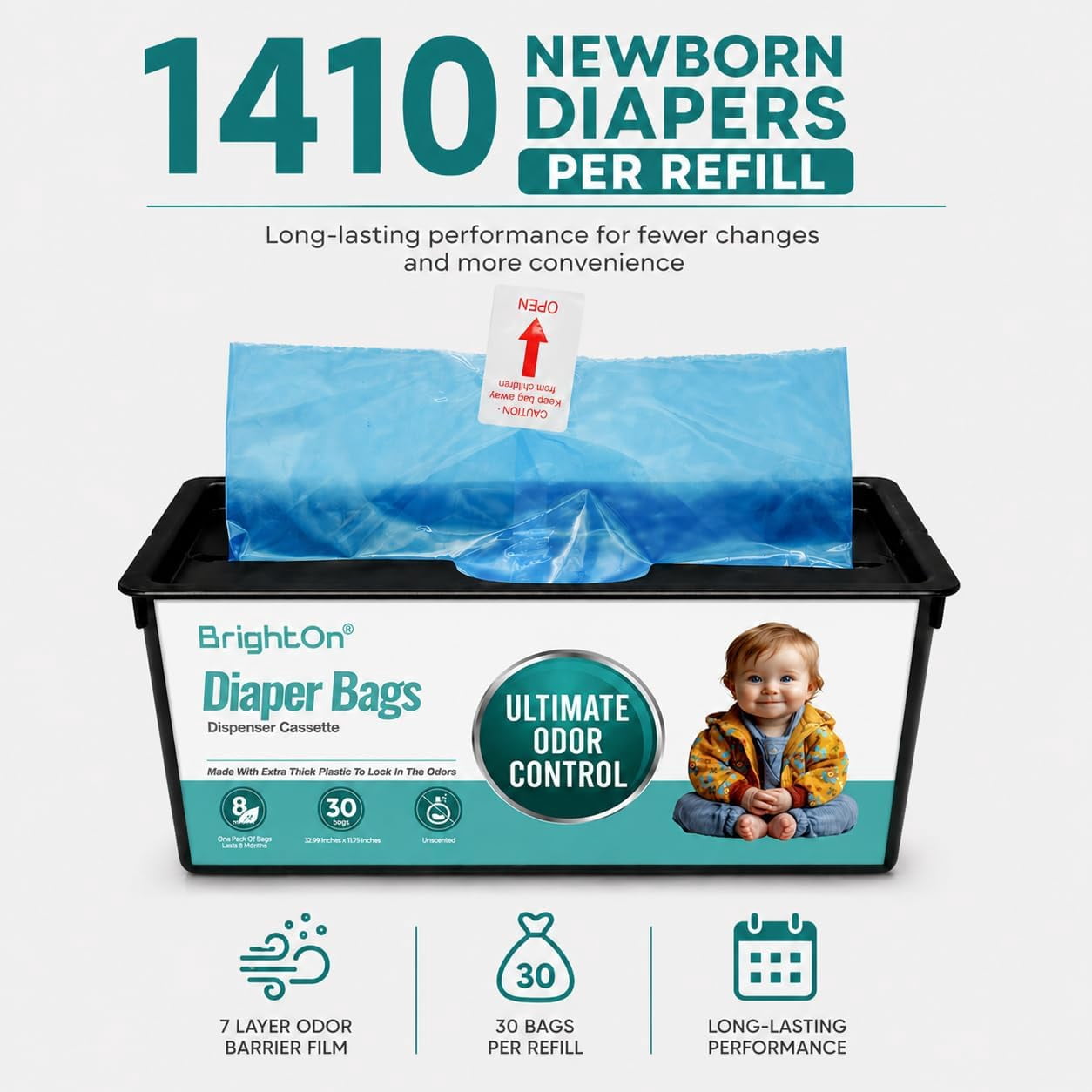 ® Diaper Pail Refill Bags, 30 Bags Per Refill, Compatible with Genie Easy Roll Signature Diaper Pails, Holds Up to 2820 Newborn Diapers, Real 7 Layer Odor Barrier, Unscented, 2PACK (60 Bags)