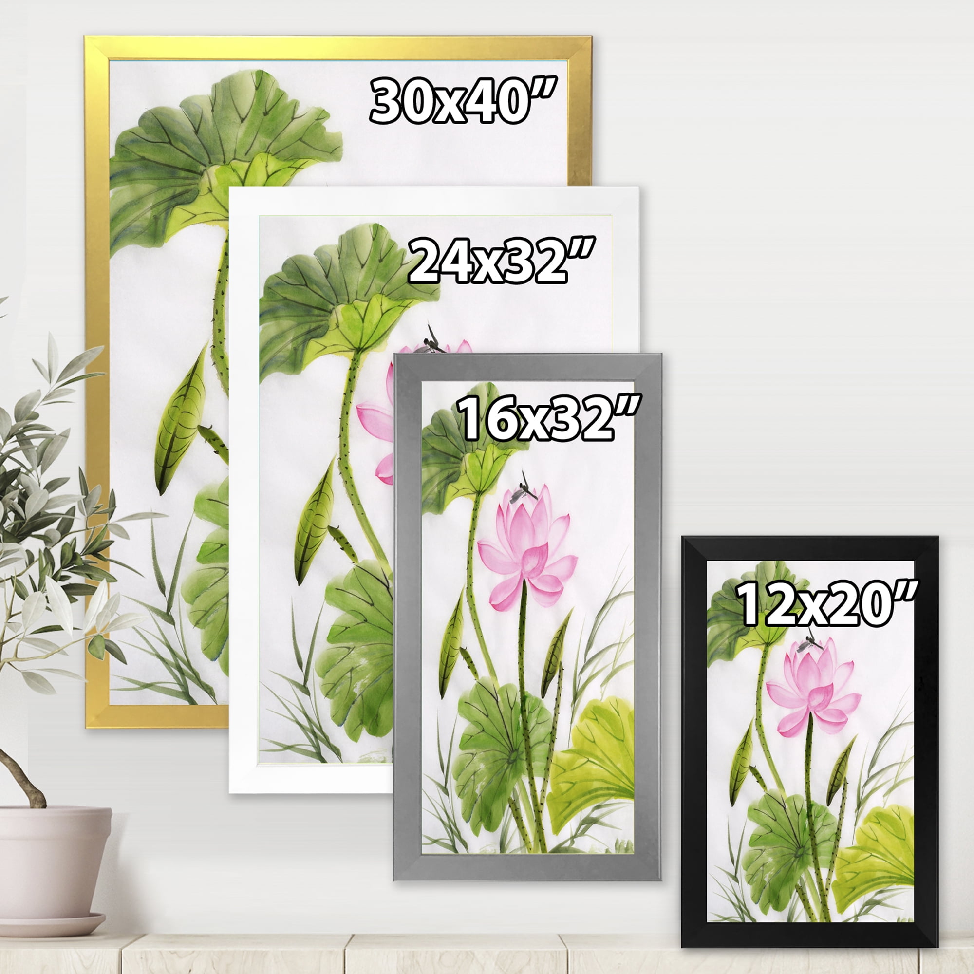 Designart 'Single Vintage Pink Lotus Flower With Green Leaves' Traditional Framed Art Print