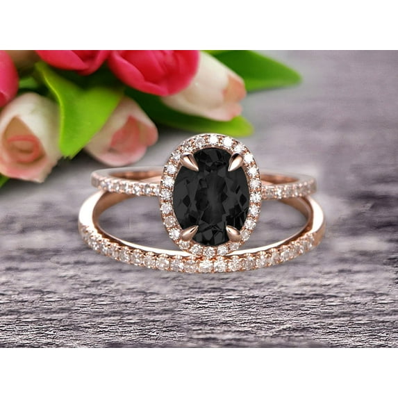 Oval Cut 2.50 Carat Black Diamond Moissanite Bridal Ring Set Engagement Ring On 10k Rose Gold Stacking Matching Diamond Wedding Band