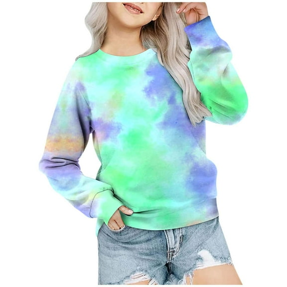 LUOGENLI Hoodies Girls Sweatshirt Size 5-6 Girls' Autumn and Winter Tie Dye Printed Round Neck Long Sleeved Casual Hoodless Sweatshirt Girls Sweatshirts Size 6 Green 5-6 Years