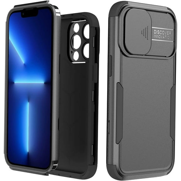 Case for iPhone 13 Pro Max with Slide Camera Cover, Heavy Duty Shockproof Three Layers Protective Case with Full Body Rubber Armor Bumper Dropproof Protection for iPhone 13 Pro Max, Black
