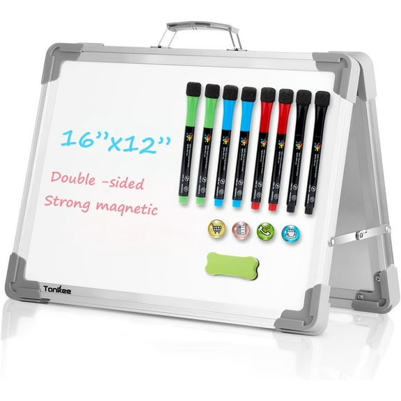 Small Dry Erase White Board – Magnetic Desktop Foldable Whiteboard Portable Mini Easel Double Sided on Table Top with Holder for Drawing, Teacher Instruction, Memo