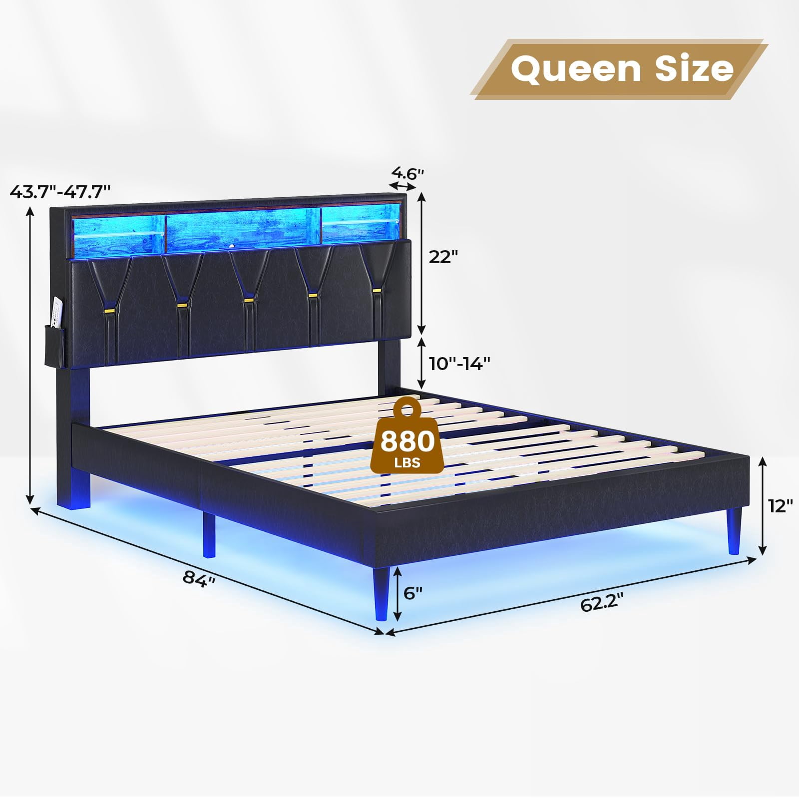 Afuhokles Queen Bed Frame with LED Lights and Charging Station, Storage Headboard Faux Leather Upholstered Bed, Black PU