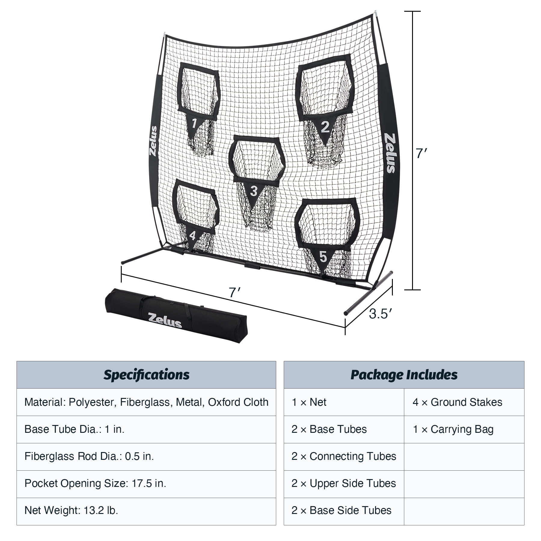 7x7ft Football Throwing Net with 5 Targets - Quarterback Training Gear for All Ages, Includes Carry Bag & Stakes, Black