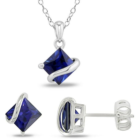 Tangelo 3-3/4 Carat T.G.W. Created Blue Sapphire Sterling Silver Solitaire Pendant and Stud Earrings Set, 18