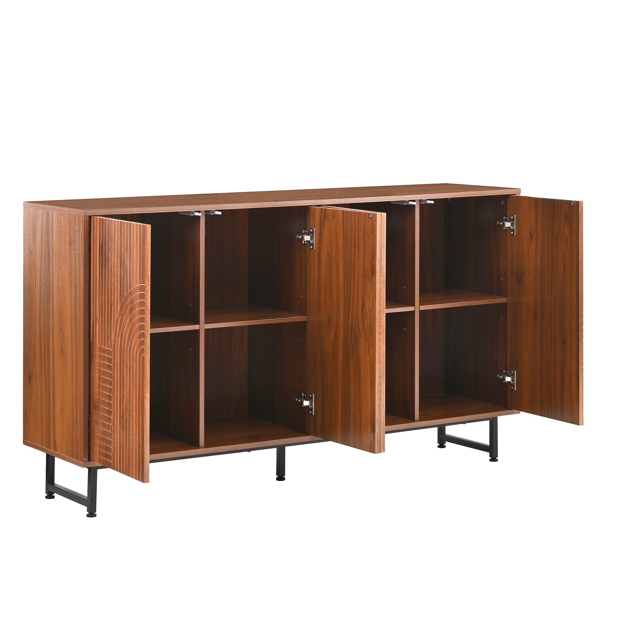 Aukfa 59" Mid-Century Modern Storage Cabinet, Wood Sideboard with Geometric Doors, Metal Legs for Living Room/ Entryway,Walnut