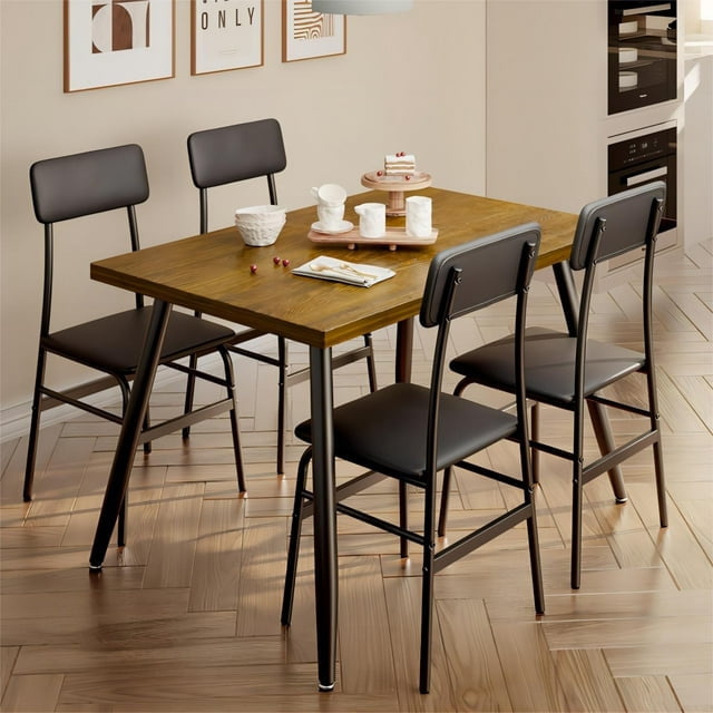 Mainstays 5 Piece Wood Metal Dining Room Set Seats 4 Canyon Walnut Black Walmart