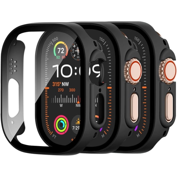 3-Pack Tempered Glass & Hard PC Case for Apple Watch Ultra 3/2/Ultra 49mm, Overall Protection Anti-Scratch Bumper Cover