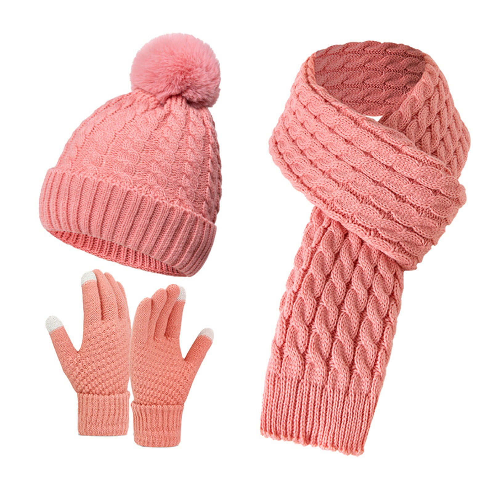 Satin Lined Beanie Scarf Gloves Set Winter Accessories Touchscreen 4 Pieces Womens Winter Satin Lined Knit Pom Beanie Hats  main image 2