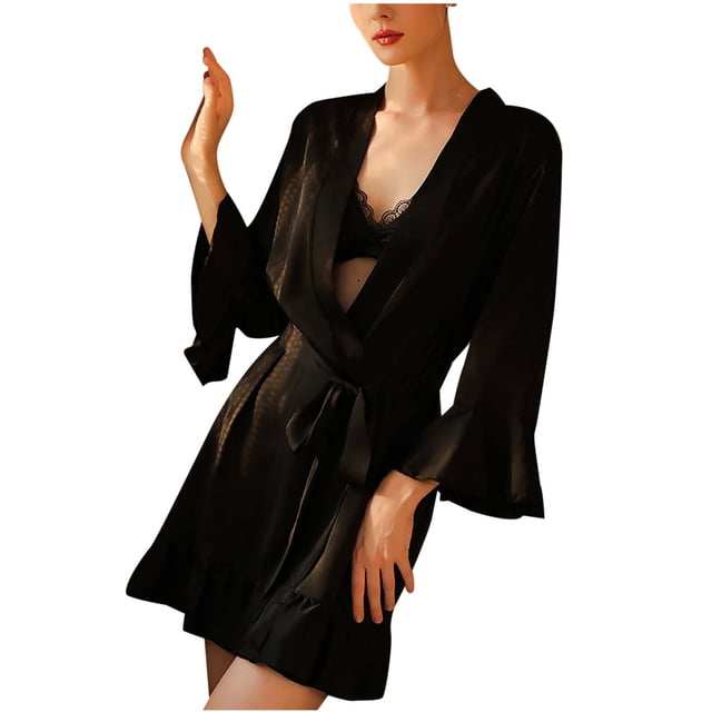 Women's Satin Robe Kimono Bridesmaids Robe Short Ruffle Hem Silky Bathrobe 3/4 Sleeve Night Robe Sleepwear