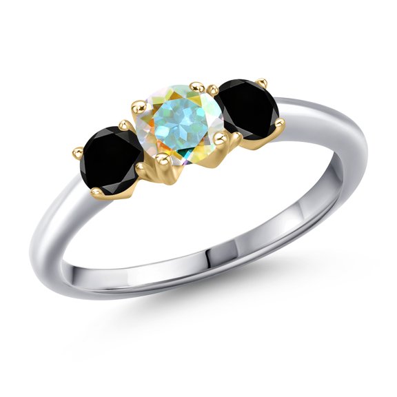Gem Stone King 10K Two Tone Gold Mercury Mist Mystic Topaz and Black Diamond Engagement Ring for Women | 1.09 Cttw | Round 5MM | Gemstone November Birthstone | Size 6