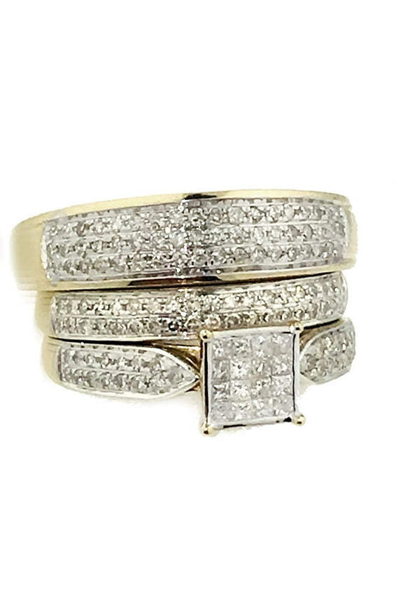 14K Gold Trio Rings Wedding Rings Set 0.65ctw Diamonds Princess Cuts and Round