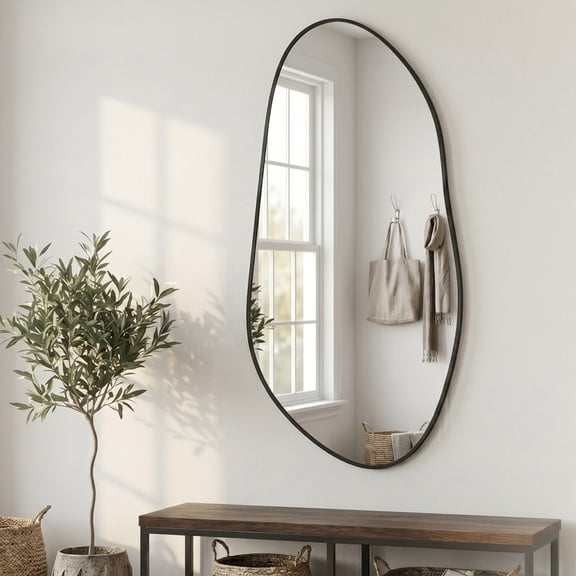 38" x 20" Large Irregular Wall Mirror, Matte Black Aluminum Framed Asymmetrical Vanity Mirror with Tempered Glass for Bathroom, Entryway, Living Room