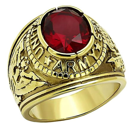 Military Army Mens Ring - Trustmark Mens 5.0ct Simulated Ruby USA Army Stainless Steel IP 14K Gold Military Signet Ring, Army G sz 13.0