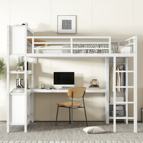 Queen Size Loft Bed with Wardrobe and L-Shaped Desk, Metal Loft Bed with Storage Cubes and Shelves, Heavy Duty Space Saving Bed for Teens, Adults, Small Spaces,OFF White