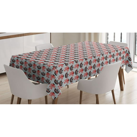Octopus Ship Tablecloth, Pirate Ship with a Skull Flag and Seagull Fun Repetition, Rectangle Satin Table Cover Accent for Dining Room and Kitchen, 52" X 70", Pale Grey and Vermilion, by Ambesonne