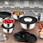 Vesteel 35PCS Mixing Bowls with Lids Set, Stainless Steel Nesting Salad Prep Bowls Attach with 3 Graters & Kitchen Utensils for Mixing Serving Grating, Size 4.5/3.5/3/2.5/1.5/1.2/0.7 QT, Black