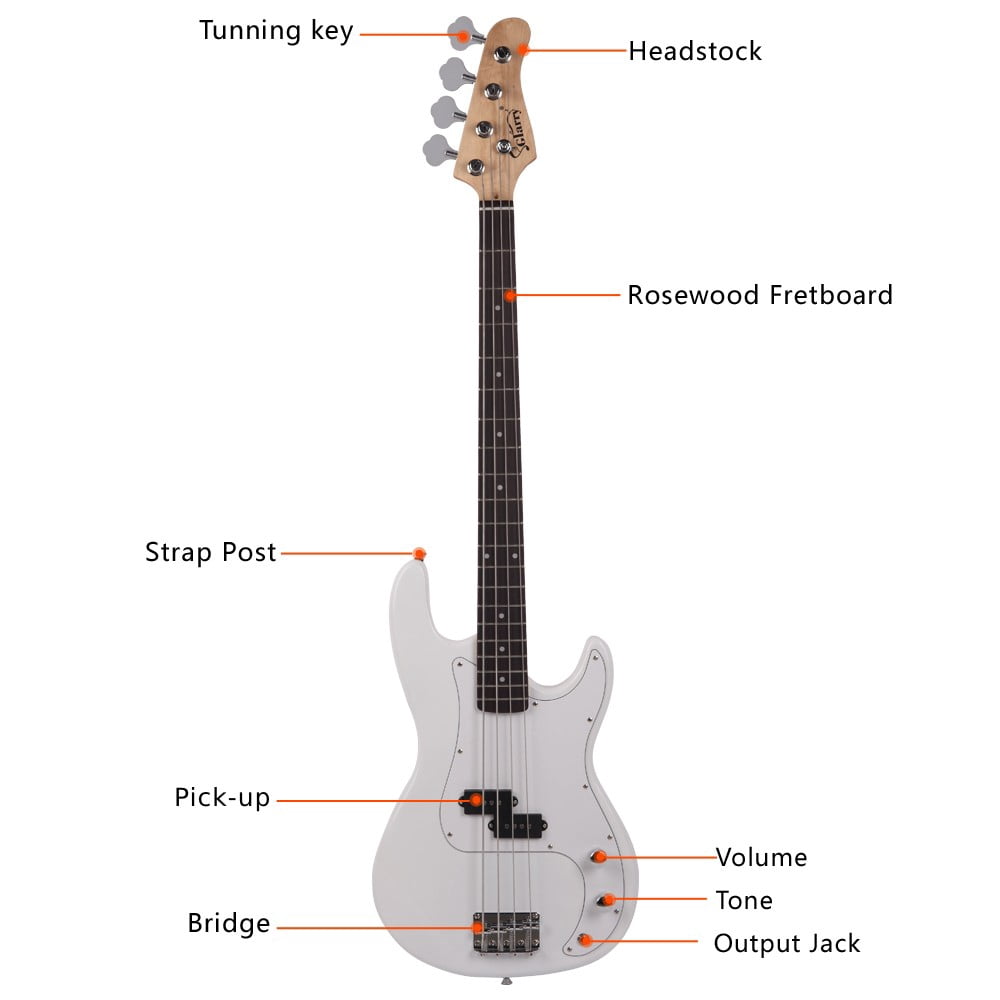 4 String Electric Bass Guitar, Split Single-Coil Pickup, Right Handed Design, with Gig Bag, Strap, Spanner Tool for Youths & Adults (White)