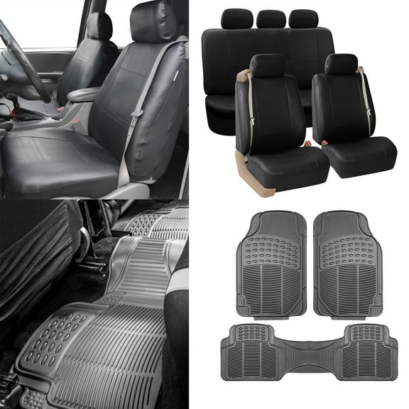 FH Group PU Leather Integrated Seatbelt Seat Covers, Full Set with Gray 3pcs Heavy Duty Floor mat, Black