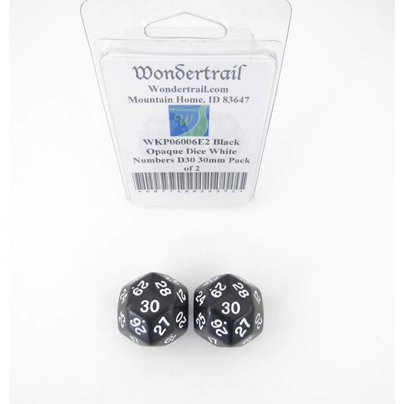 Black Opaque Dice with White Numbers D30 30mm (1.18in) Pack of 2 Wondertrail