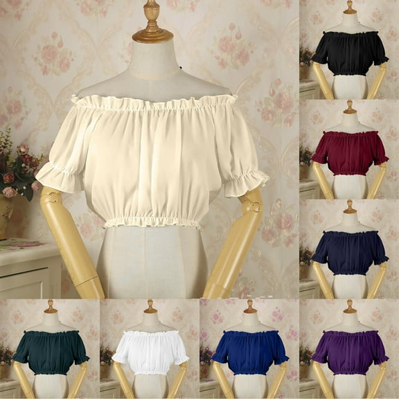 ZZwxWA Womens Tops Women's Short Sleeve Blouse Off Shoulder Ruffle Crop Top Retro Oktoberfest Blouse Chic Dirndl Blouse Classic Shirts