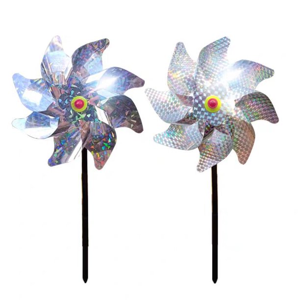 Paquete de 8 molinetes reflectantes para patio y jardín, rueda de pasador de pájaros ciegos de plata brillante preinstalada, Spinner de viento para asustar pájaros y animales