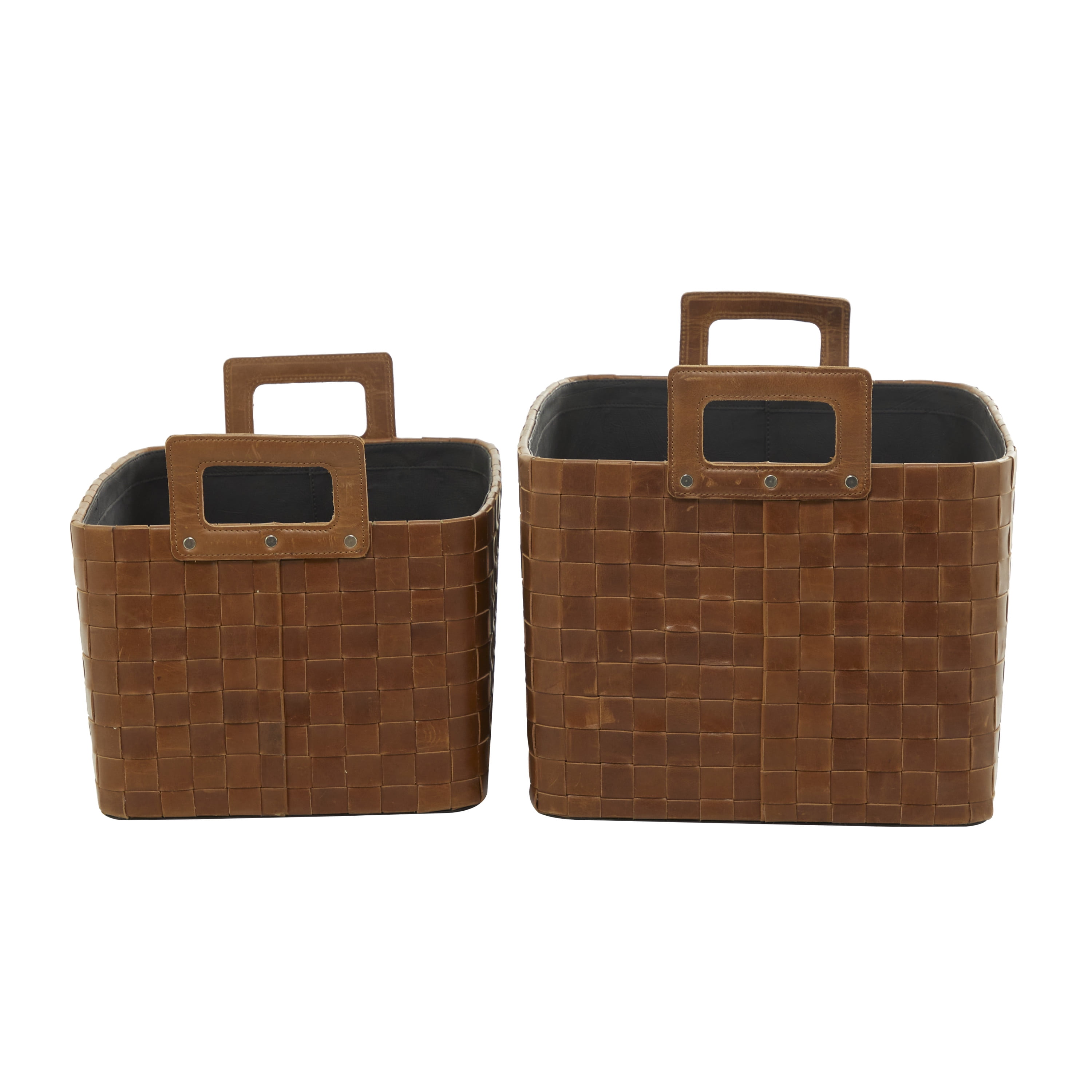 DecMode 15"W, 14"H Leather Modern Storage Basket, Brown, 2-Piece