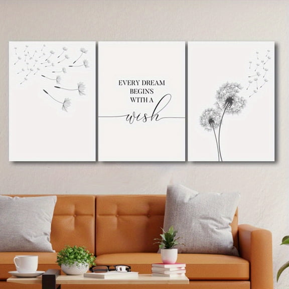 3pcs Canvas Art Print Set, Inspirational Dandelion Design with Motivational Quote, Elegant Black and White, Minimalist Wall Decor for Bedroom, Living Room, Office, Unframed, Canvas Material, No Powe
