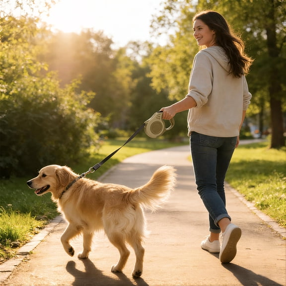 16.4ft(5m) Retractable Dog Leash, Automatic Tangle-Free Pet Walking Leash with Anti-Slip Handle for Small to Medium Dogs Beige