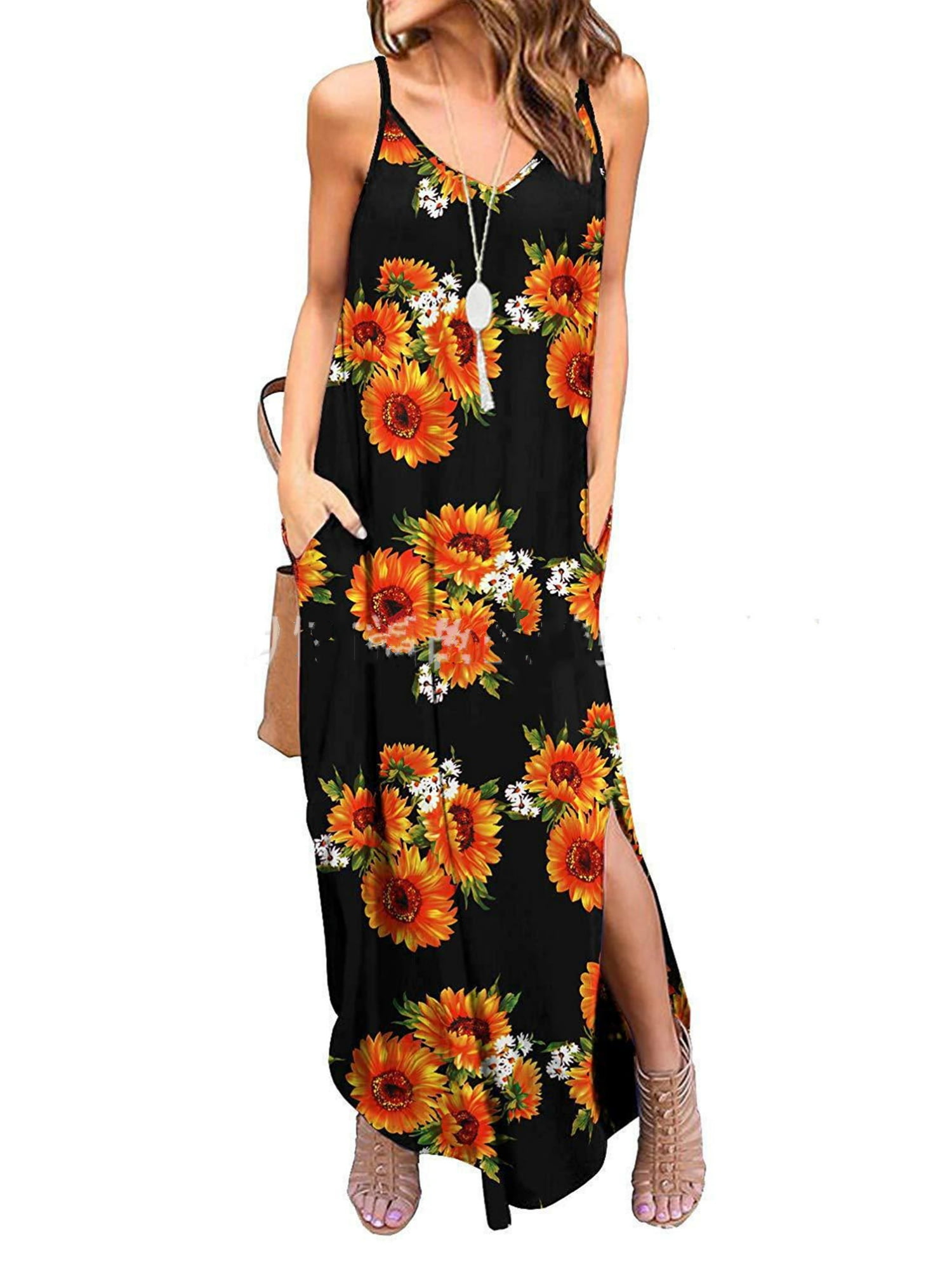 Womens Floral Maxi Dress Casual Summer Dress V Neck Long Dress Side Split Hem Beach Dress with Sleeves A Line Dress 
