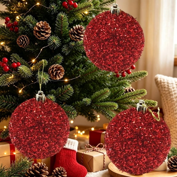 15 Centimeter Large Red Glitter Christmas Ball Ornament, Sparkly Fluffy Hanging Ball for Christmas Tree, Wreath, Holiday Parties Decoration