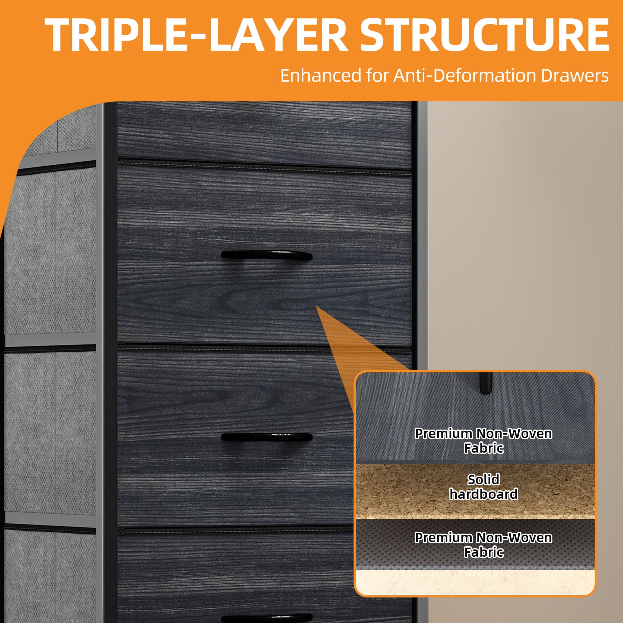 Uforic 4 Drawer Dresser Fabric Chest of Drawers Furniture Storage Organizer for Living Room,,Hallway, Black Wood Grain