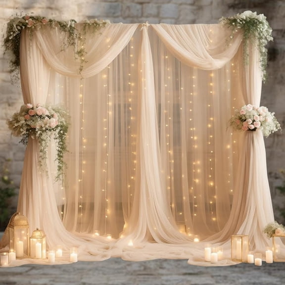 Champagne Backdrop Curtain with Lights String for Parties, Sheer Wedding Photo Backdrops Drapes for Party Decorations Background for Photography