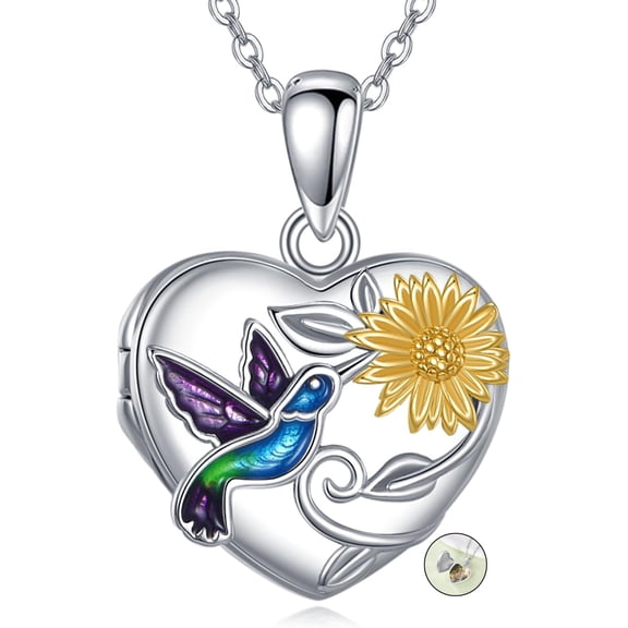 Hummingbird Locket Necklace 925 Sterling Silver Sunflower Heart Locket Necklace Hummingbird Jewelry Gifts for Women