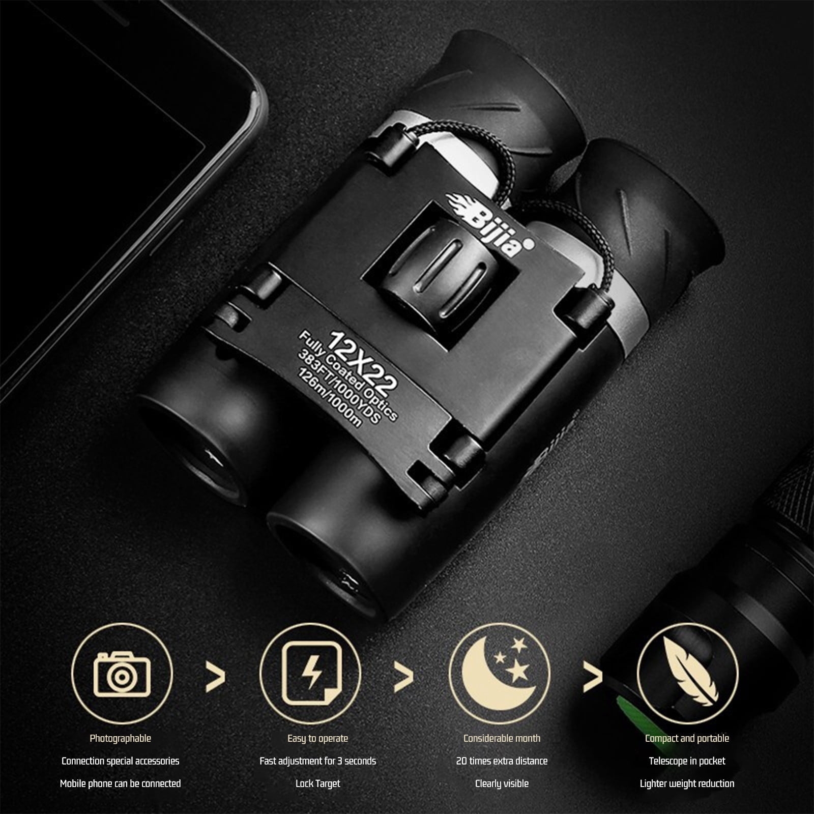 12x22 Zoom Binoculars with Phone Clip, Travel Folding Telescope, with High Definition Low-Light Night Vision, for Bird Watching, Cruise Ship, Concert, Theater Opera and Hunting