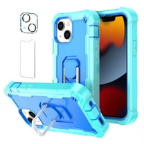Allytech Case for iPhone 13 6.1"(2021), iPhone 13 Cover with Glass Screen Protector & Camera Lens Protector, Slim Hybrid Rugged Ring Holder Kickstand Drop Proof Full Protective Case, Green   Blue