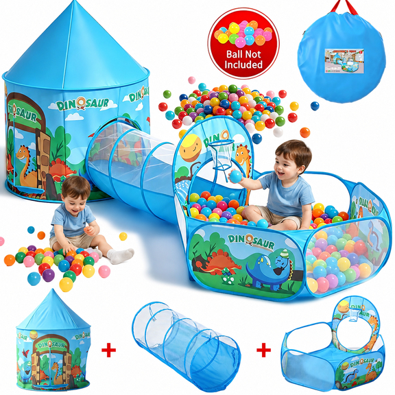 JoyStone 3-in-1 Kids Dinosaur Play Tent with Tunnel & Ball Pit, Pop Up Playhouse for Toddlers, Indoor & Outdoor Toy, Foldable with Carrying Bag, Blue (Balls Not Included)