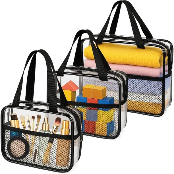 Bolsas de aseo de viaje transparentes, paquete de 3 bolsas de maquillaje transparentes para hombres y mujeres, kit organizador grande impermeable de PVC con cierre