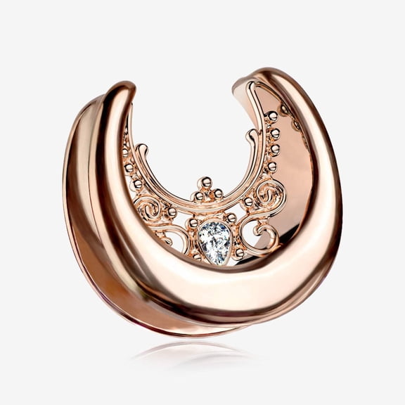 A Pair of Rose Gold Royal Filigree Sparkle Saddle Spreader Steel Double Flared Plug