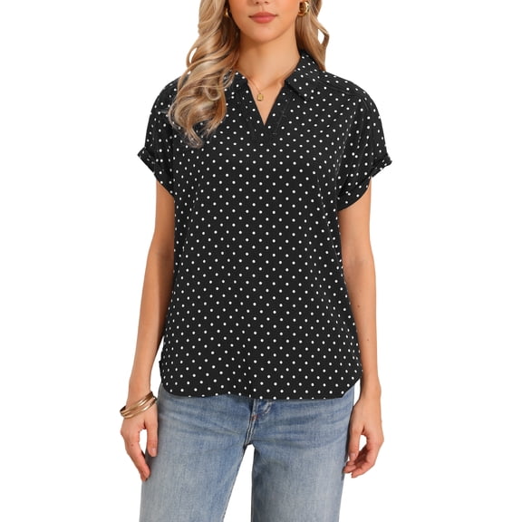 Short Sleeve Blouses for Women Business Casual Polka Dots Print V Neck Work Office Tops XS Black