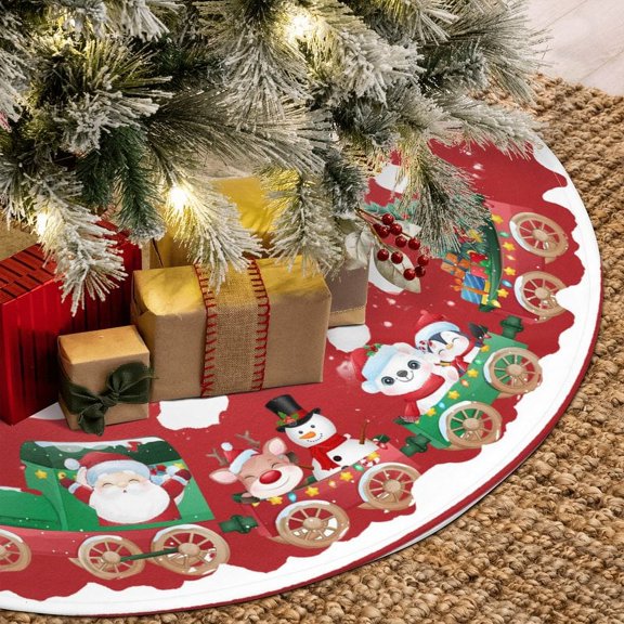 JOOCAR Christmas Tree Skirt, 48 Inch Christmas Tree Skirt, Santa Drives Train Deer Penguin Merry Christmas Tree Skirt for Christmas Tree Decoration Home Christmas Party Decoration