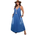 thumbnail image 2 of AURA Plus Size Deep V Neck Denim Maxi Dress Sleeveless Elegant Summer Commuter Style, 2 of 7