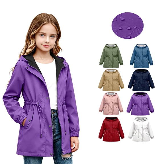 Kids Waterproof Rain Jacket for girls, Zipper Hooded Coat With Pockets Drawstring Long Sleeves, windproof, breathable, school, camping, travel, outdoor play